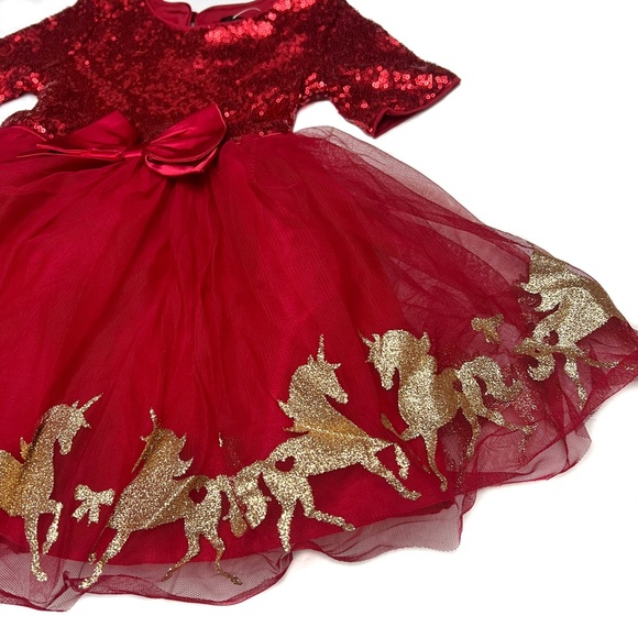 Zunie Girl’s Sequin Holiday Dress Red with Gold Glitter Unicorns Size 4 … - Picture 4 of 14